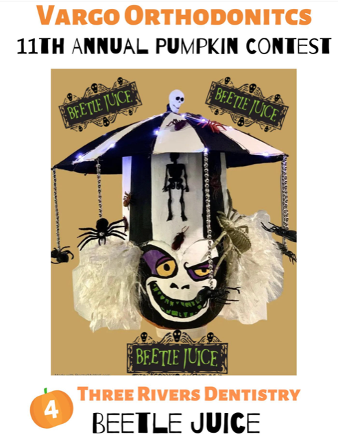 flyer with cartoon version of Beetlejuice character that congratulates Three Rivers Cosmetic & Restorative Dentistry